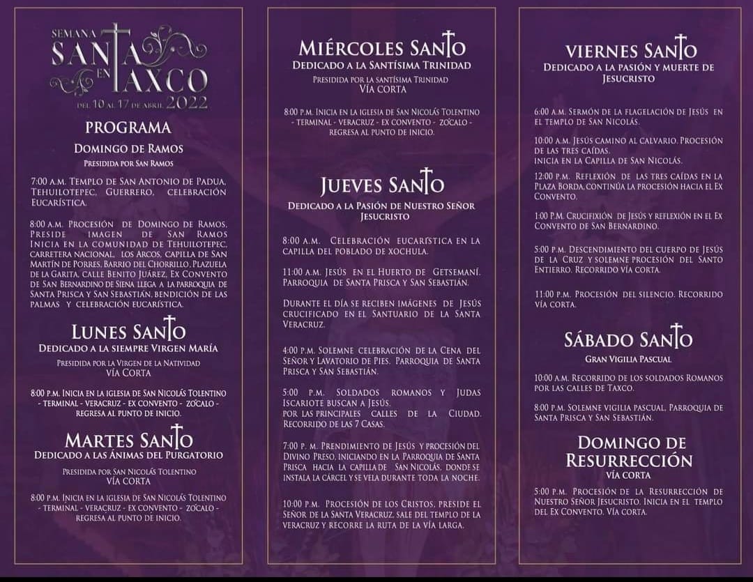 Itinerario de eventos religiosos en semana santa en Taxco Guerrero. Foto: @visittaxco 